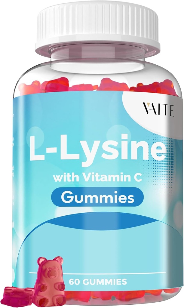 VAITE L- Lysin 800mg Gummies med C-vitamin - Hud, Lip & Cold Sore * Støtte til kvinder - Lysin til voksne, understøtter vævssygdom & immunsystem, Amino Acid & Complex Kosttilskud, 60 Vegansk Chewable