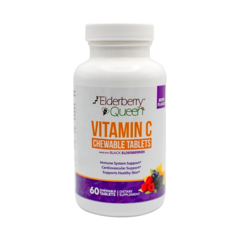 Elderberry Queen Chewable C-vitamin 500 mg - Immunboost & antioxidant Support Tablets with Vitamin A, E & Organic Echinacea, Ældre Frugt, Acerola - Naturlig Kosttilskud, 60 Greve