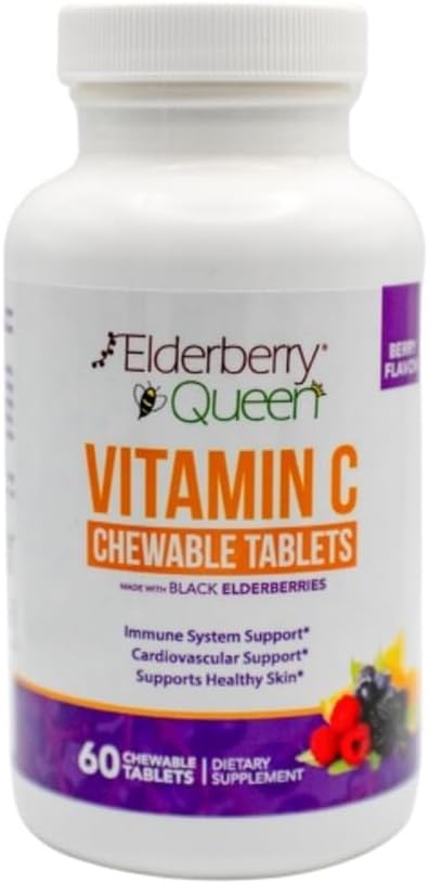 Elderberry Queen Chewable C-vitamin 500 mg - Immunboost & antioxidant Support Tablets with Vitamin A, E & Organic Echinacea, Ældre Frugt, Acerola - Naturlig Kosttilskud, 60 Greve
