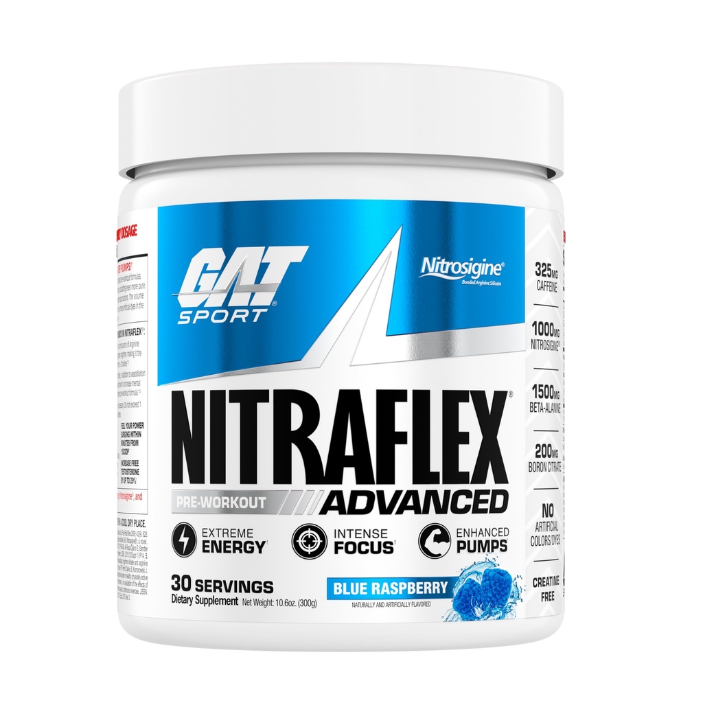 GAT SPORT Nitraflex Avanceret præ-træning pulver, øger blodgennemstrømningen, øger styrke og energi, forbedrer øvelse ydeevne, (Blå Hindbær, 30 Servere)