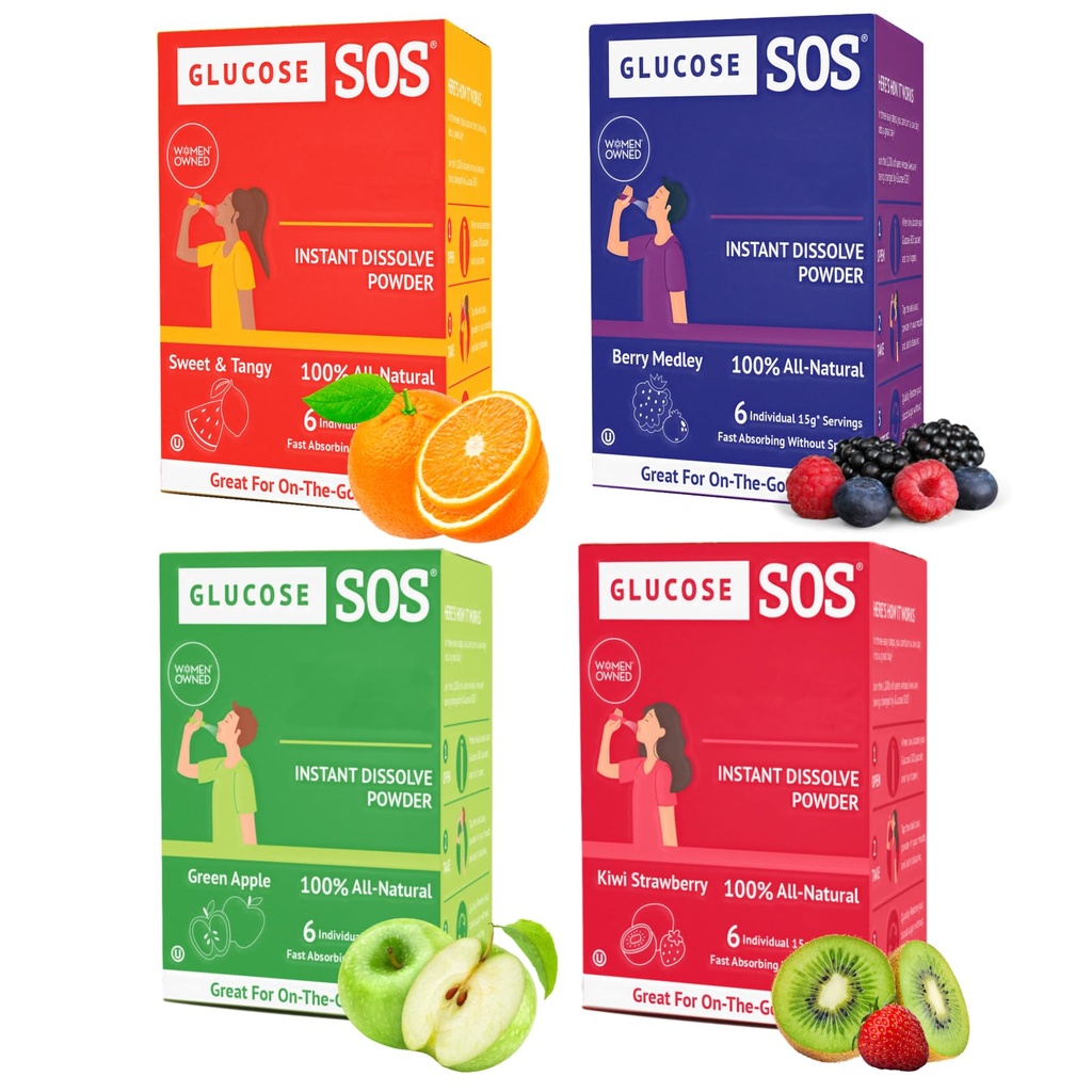 Glucose SOS Glucose pakker med naturlige Dextrose, Fast- Absorption, der Straks opløses i din mund med ingen vand påkrævet, 4 Flavor Variety 24 Serveringer