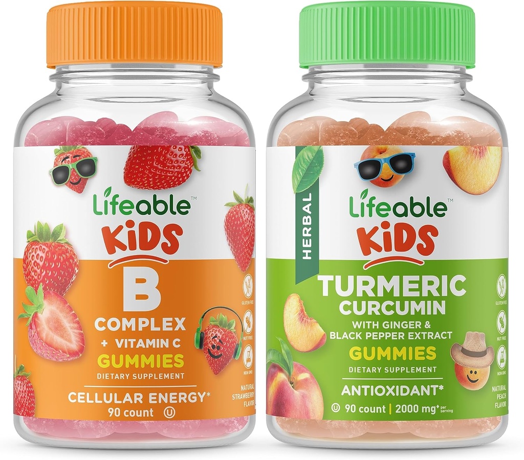 Lifeable B Complex Kids + gurkemeje Kids, Gummies Bundle - Great Tasting, Vitamin Supplement, Gluten Free, GMO fri, Chewable Gummy