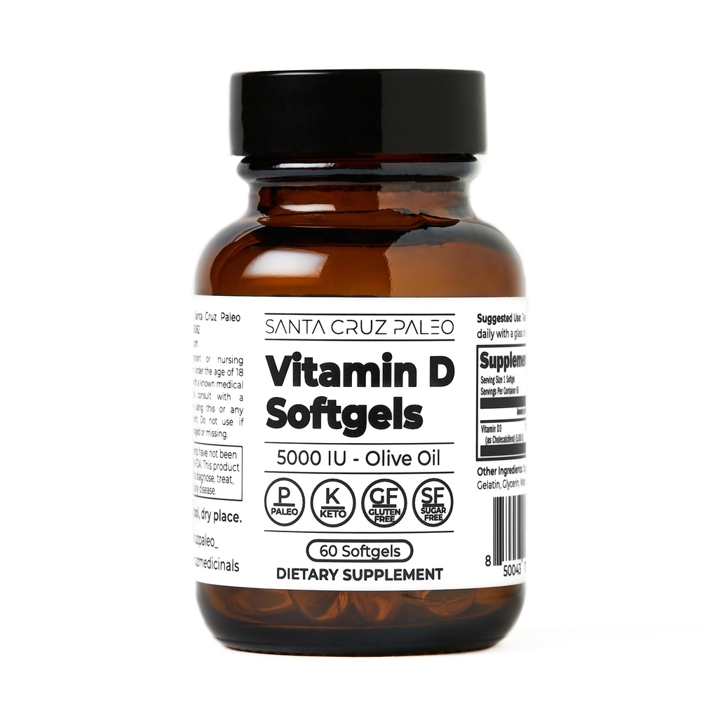 Santa Cruz Paleo D-vitamin supplement, ben sundhed & immunforsvar, 5000 i.e. Per Softgel, Gluten Free, Keto, Sukker Free, Paleo, Vitamin D3, Olivenolie til absorption, naturlige ingredienser, 60 Softgels
