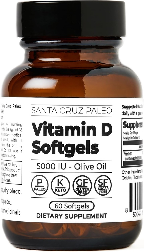 Santa Cruz Paleo D-vitamin supplement, ben sundhed & immunforsvar, 5000 i.e. Per Softgel, Gluten Free, Keto, Sukker Free, Paleo, Vitamin D3, Olivenolie til absorption, naturlige ingredienser, 60 Softgels
