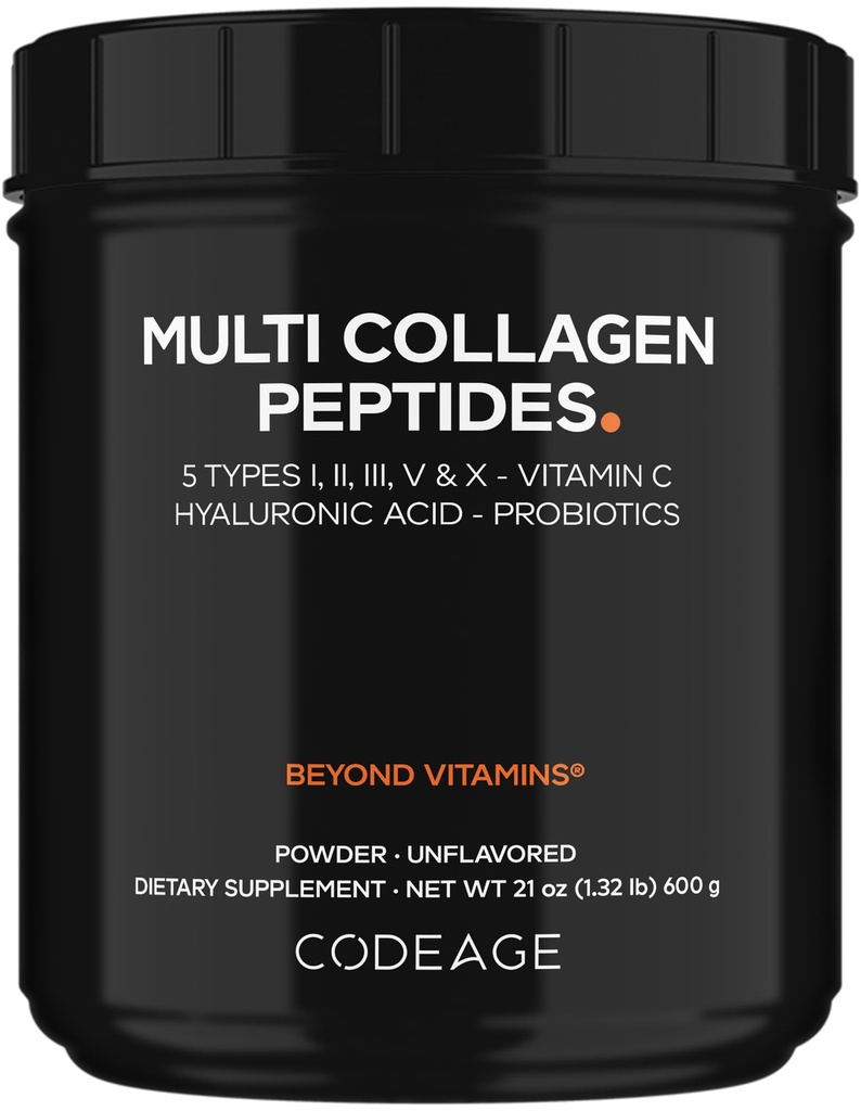 Codeage Multi Collagen Peptider + Probiotika Black Edition, C-vitamin, Hyaluronsyre pulver supplement, Grass- Fed-, Pastor- Raised, Hydrolyzed, Zero Carbs, Type I, II, III, V & X, Unflavored, 21oz