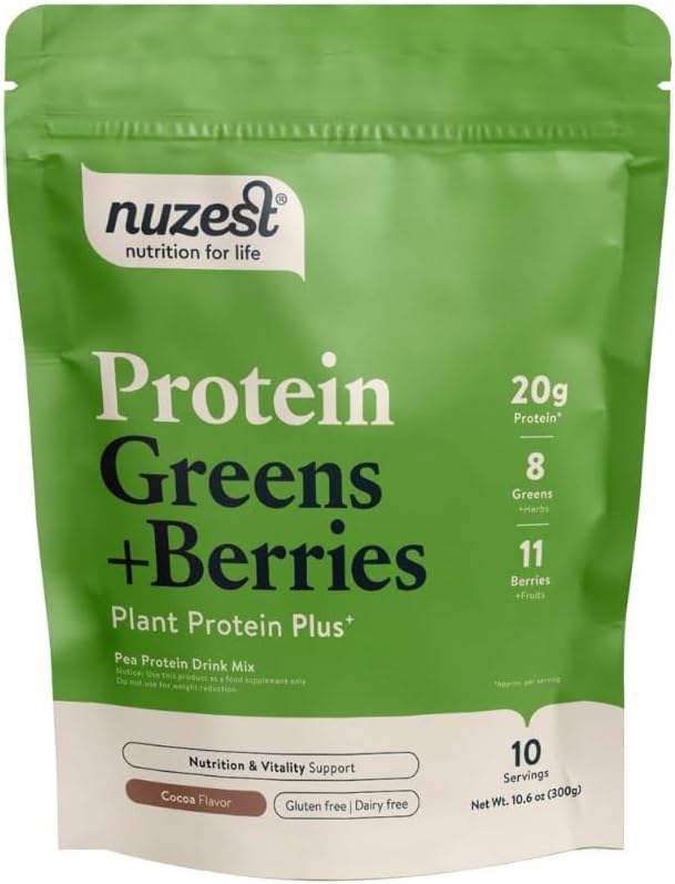 Nuzest - Protein Green + Berries - Superfood Powder - Plant Protein Blend - 300g / 10.6 oz Pouch (10 Servere) (Kakao, 300g)
