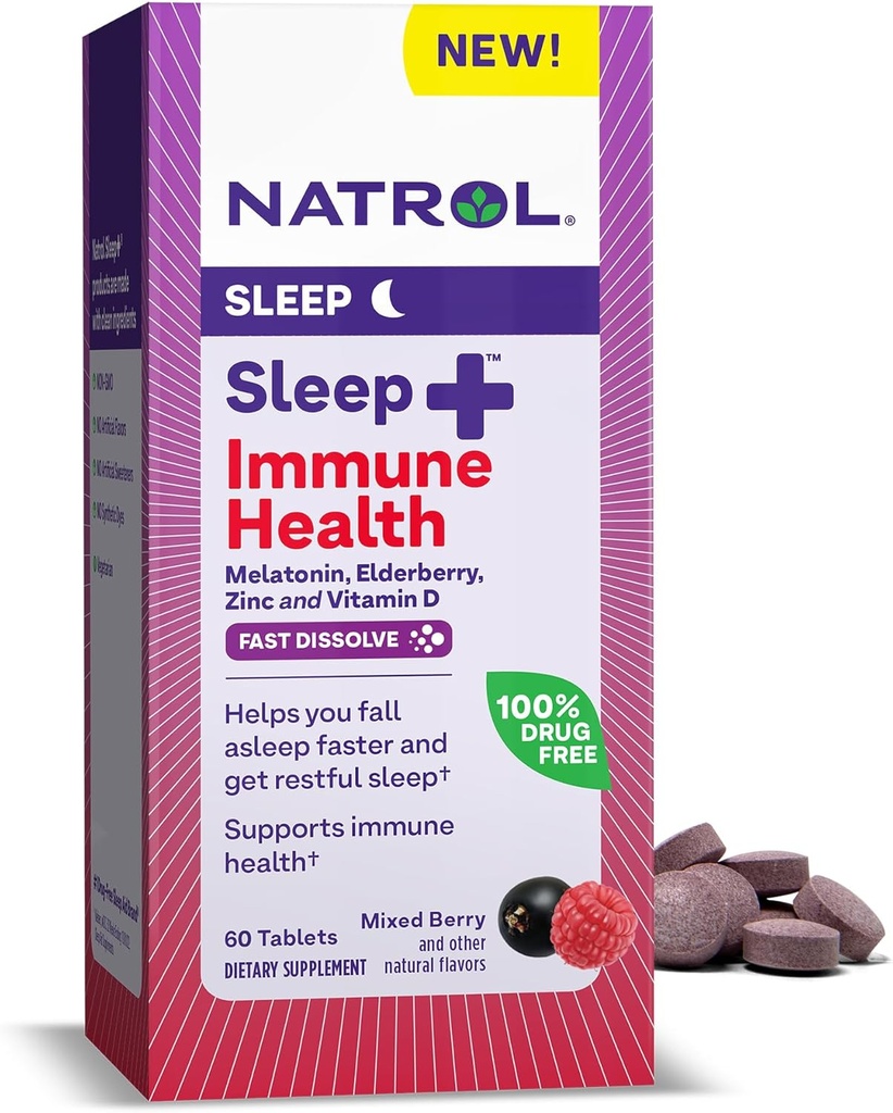 Natrol Sleep + immunforsvar Melatonin 6 mg med hyldebær, zink og D-vitamin, Kosttilskud til afslappende søvn og immunstøtte, 60 blandede Berry- Flavored Fast Opløs tabletter, 60 dages forsyning