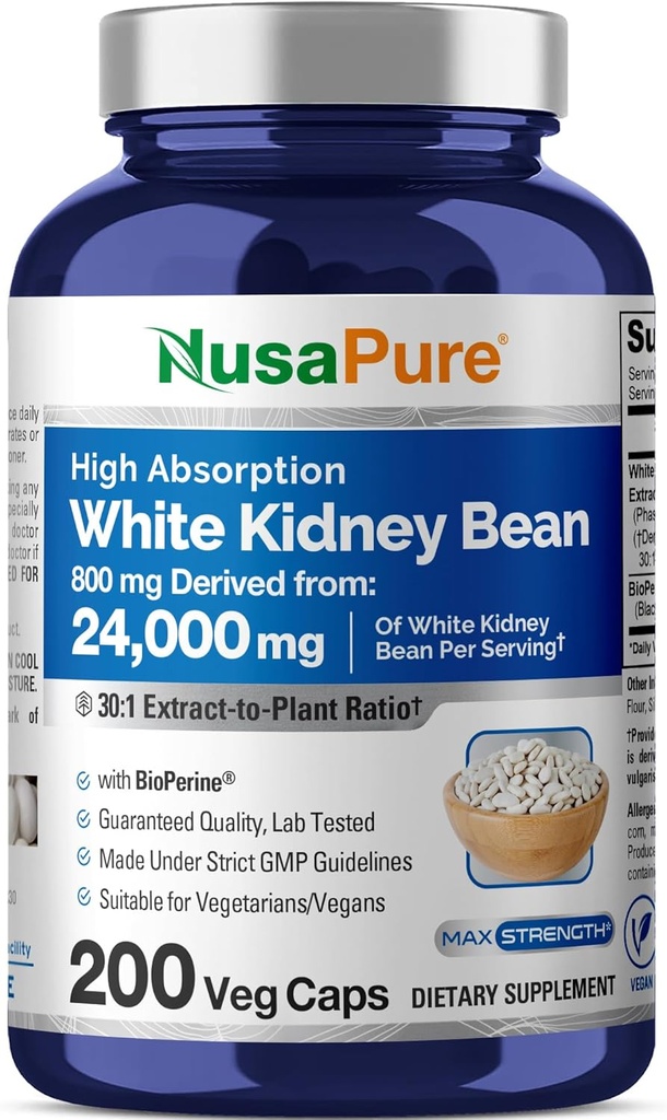 NusaPure White Nyre Beans 30: 1 Extract, 800 mg Ækvivalent med 24,000 mg 200 Vegan Capsules - Bioperine - (Vegan, Non- GMO)
