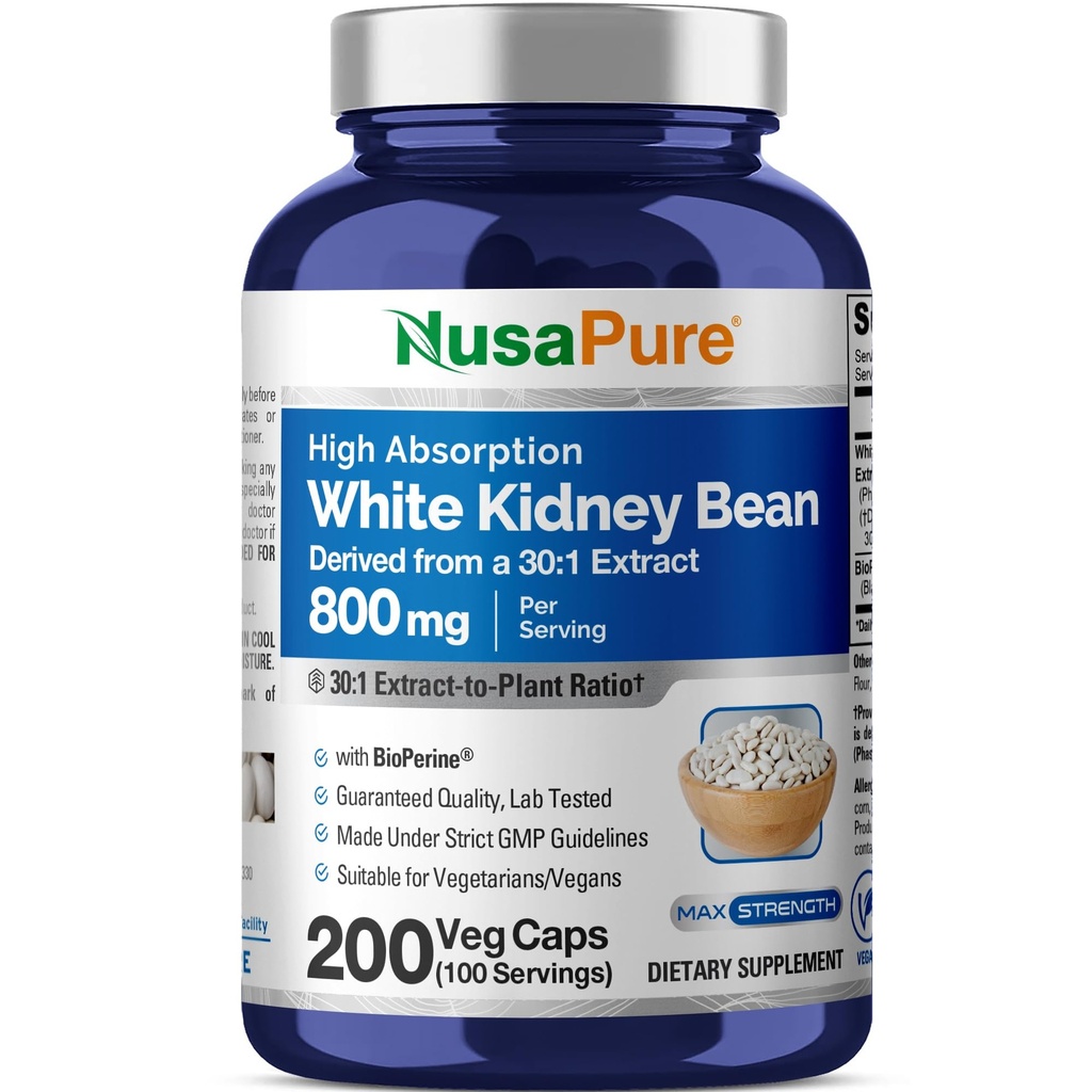 NusaPure White Nyre Beans 30: 1 Extract, 800 mg Ækvivalent med 24,000 mg 200 Vegan Capsules - Bioperine - (Vegan, Non- GMO)