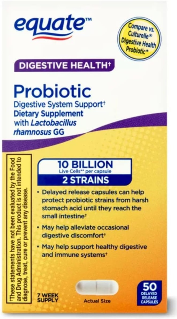 Equate Probiotic Supplement fordøjelsessystem support - Samlet fordøjelsesstøtte - Minimerer Forstoppelse, Diarré, Gas & Bloating -Forsinkede frigivelseskapsler, 50 Tæl
