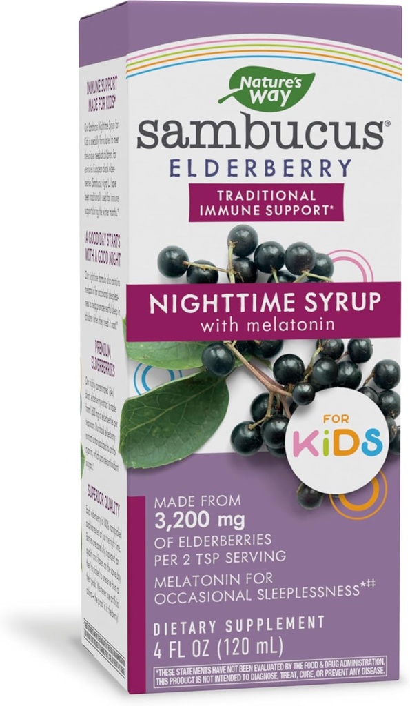 Nature's Way Sambucus Elderberry Nighttime Syrup for Kids with Melatonin, Immune Support*, 4 Fl Oz