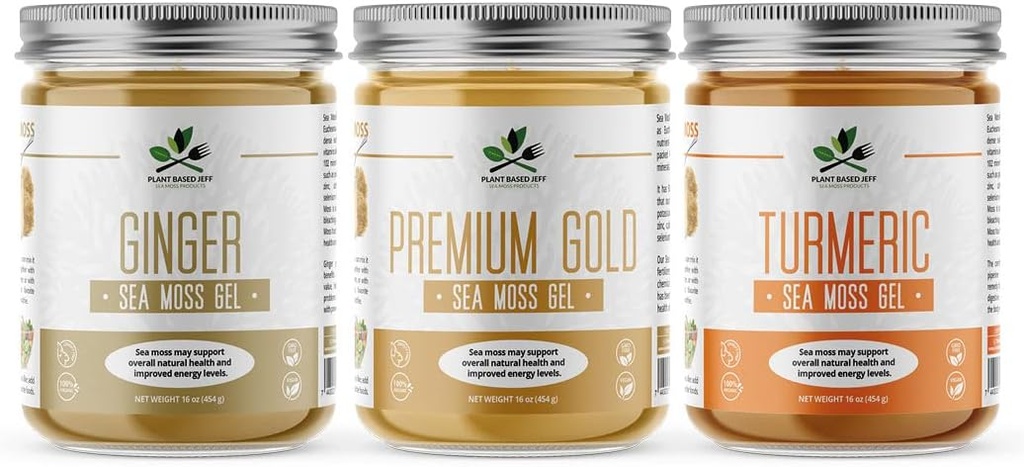 Plantebaseret Jeff Organic Sea Moss Gel Bundle med gurkemeje, Ginger, Plain, 3x16 oz. Naturlig Wildcrafted Superfood, immunforsvar og fordøjelsesstøtte, non-GMO, Vegan og Keto