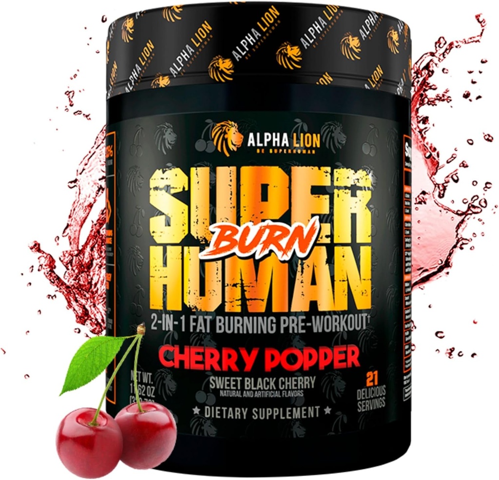 ALFA LION Superhuman Burn - 2 i 1 Metabolisme Booster Pre Workout og termogene Fat Burner for mænd - Appetite Suppressant og vægttab supplement (21 Servere, Sweet Black Cherry Flavor)