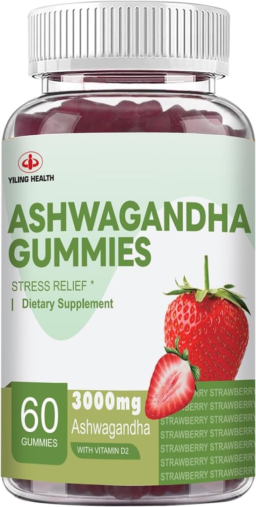 YiLing Ashwagandha Gummies for Women & Men, 3000 Mg af High- Potency Ashwagandha Root Extract øger energi, Forbedrer søvn, Relieves Stress og Calms Mood, 60 Grev Strawberry Flavor Ashwagandha