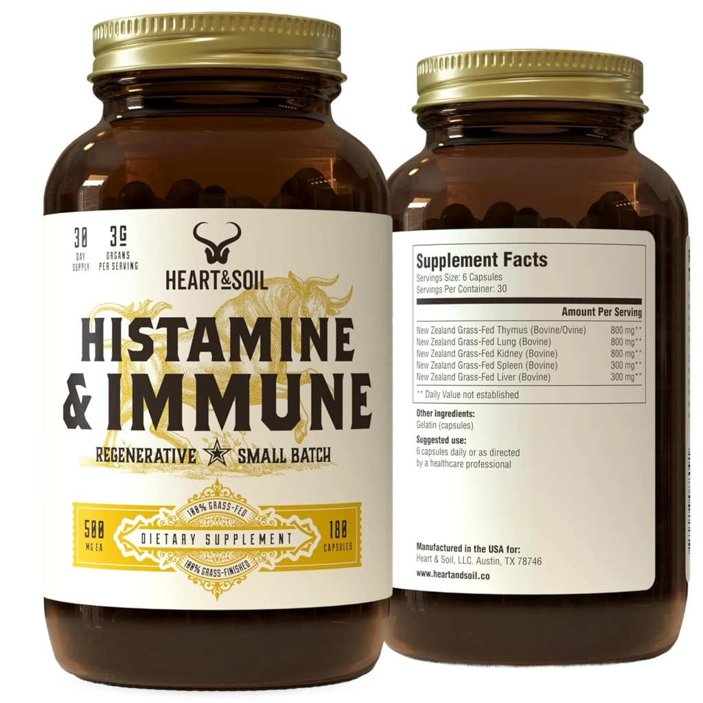HEART & SOIL - 100% Grass Fed & Finished Histamin & immunforsvar Support fra Regenerative Kvæg med Thymus, Lung, Milt, Lever, & Nyre - Immunforsvar - Glaskolbe - 180 kapsler