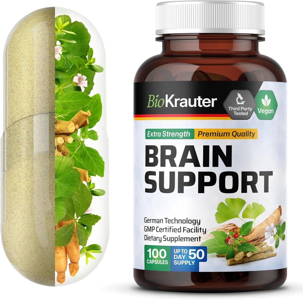 BIO KRAUTER Brain Support Supplement - 100 Count - 1300 mg Blend of Ashwagandha, Panax Ginseng og Ginkgo Biloba - Vegan, No Fillers