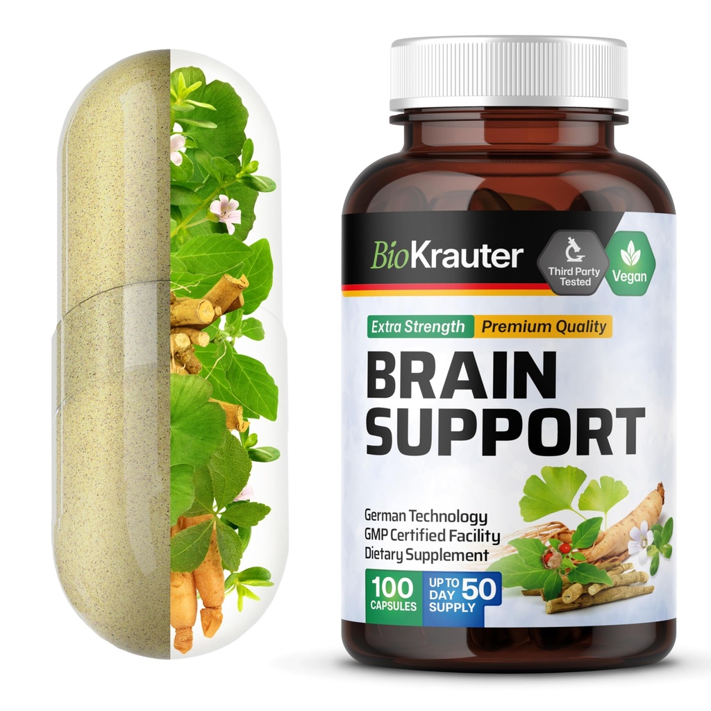 BIO KRAUTER Brain Support Supplement - 100 Count - 1300 mg Blend of Ashwagandha, Panax Ginseng og Ginkgo Biloba - Vegan, No Fillers