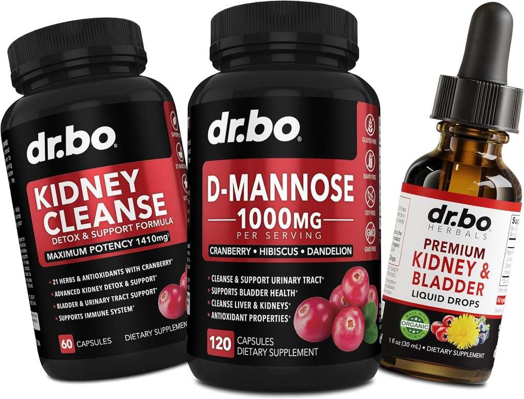 Nyre Rengøring & D Mannose Kosttilskud - Nyre Detox & Brege Support Liquid Drops Supplement, D- Mannose 500mg 1000mg Kapsler - DMannose Cranberry, Support Nyrer, Brege & Urinary Tract Sundhed
