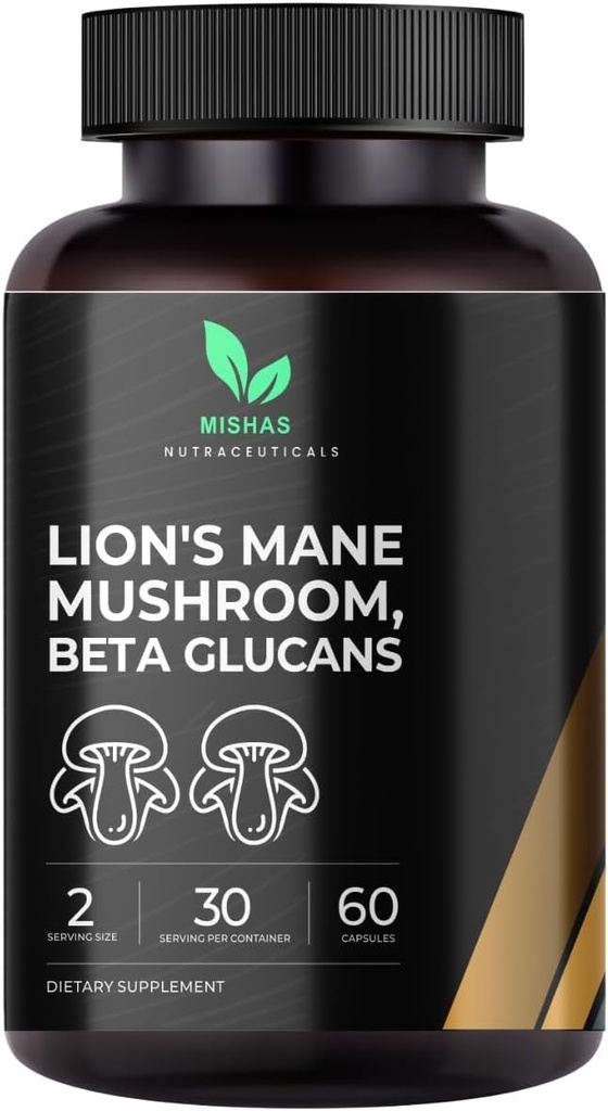 Mishas Lions Mane Supplement - Organic Lions Mane - Brain Health Support - Mushroom Support til Focus & Memory, Immuno & Nervesystemet Kvinder & Mænd - 60 Veganske Kapsler