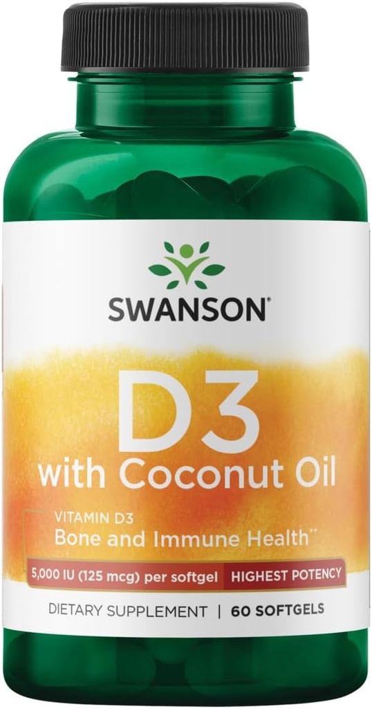 Swanson High Potency Vitamin D-3 w / kokos - Natural Supplement fremme ben sundhed & immunsystem support - Kan hjælpe med at øge calciumabsorption - (60 Softgels, 125mcg Hver)