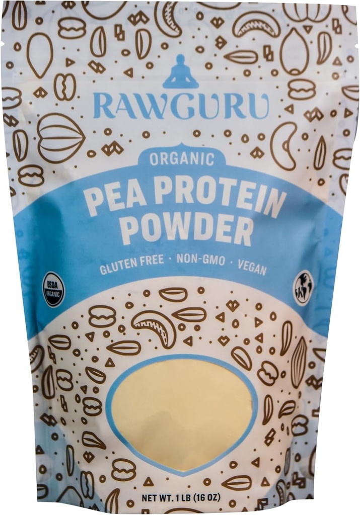 RawGuru Organic Pea Protein Powder - 16 oz - USDA Organic Measures 124; Gluten Free Measures 124; Non- GMO Measures 124; Vegan Measures 124; Plant Protein Powder