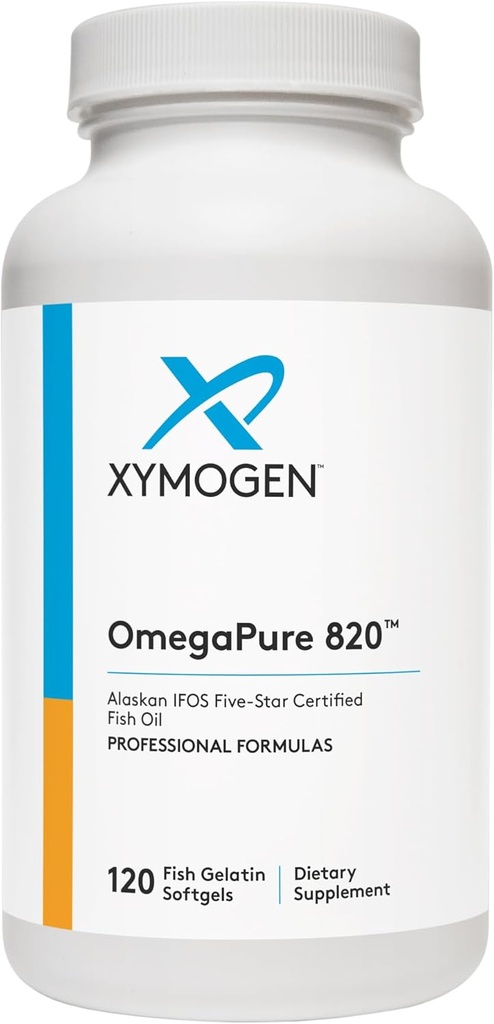 XYMOGEN OmegaPure 820 - International Fish Oil Standards (IFOS) Five- Star Certified Fish Oil - DHA EPA Omega-3 Supplement for cardiovaskulær + kognitiv support (120 små bløddele)