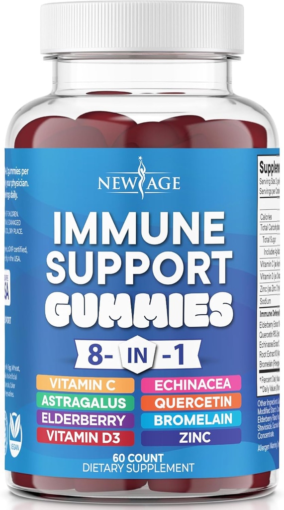 NEW AGE 8 i 1 immunforsvar Booster tillæg med hyldebær, C-vitamin og zink 50mg, D-vitamin 5000 IE, Quercetin & bromelain (8 i 1 gummies (pakning med 1))