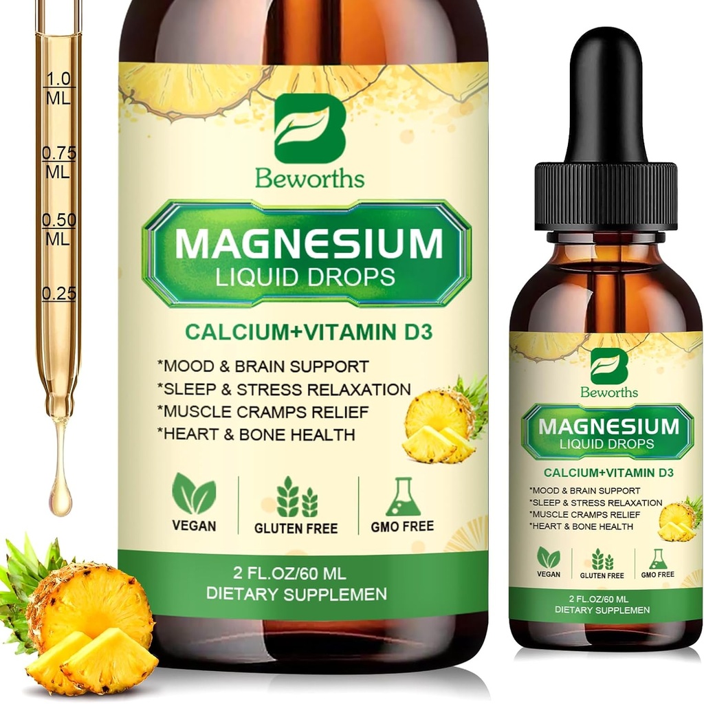 Magnesium Glycinate Complex, Magnesium Liquid Drop med Magnesium Citrat, Calcium, Kalium, D3- vitamin, Zink - Magnesium Taurat supplement til ben, energi, Muskelstøtte