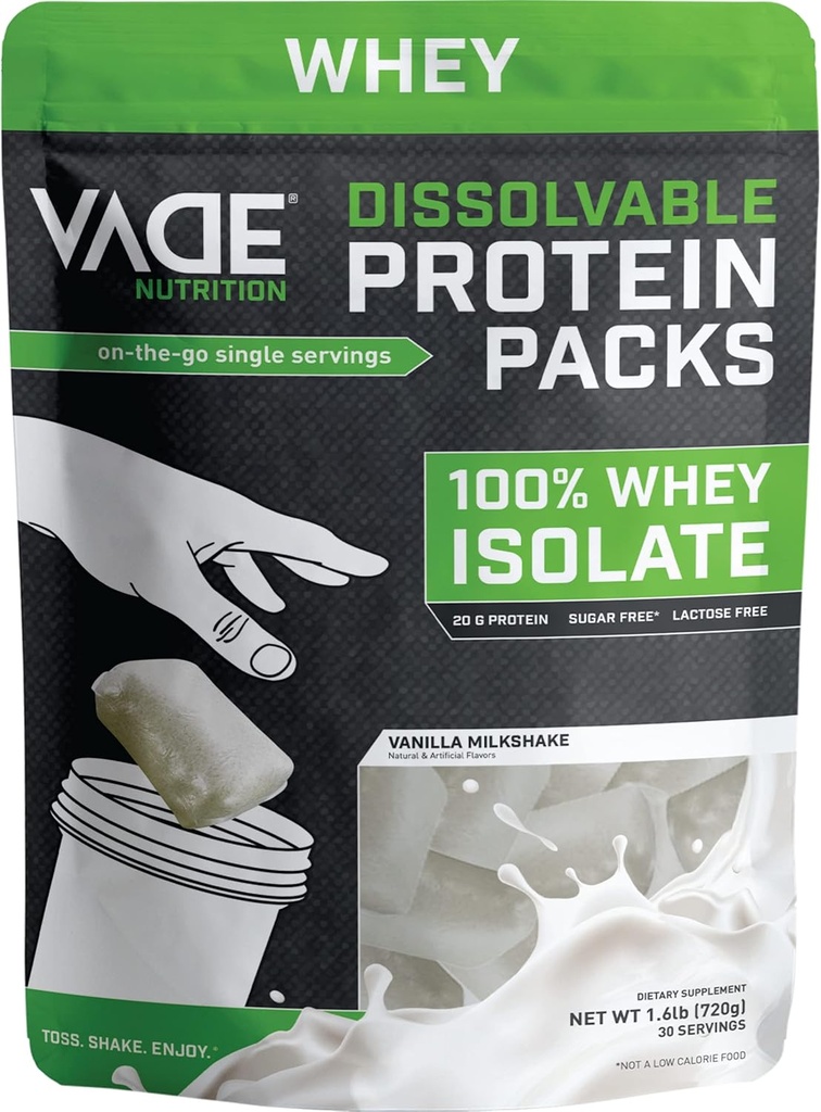 VADE Nutrition opløselige proteinpakker - 100% Whey isolere protein pulver Vanilla Milkshake - Lav Carb, Lav kalorie, Lactose fri, Sukker fri, Fedt fri, Gluten fri - 30 pakker til at gå