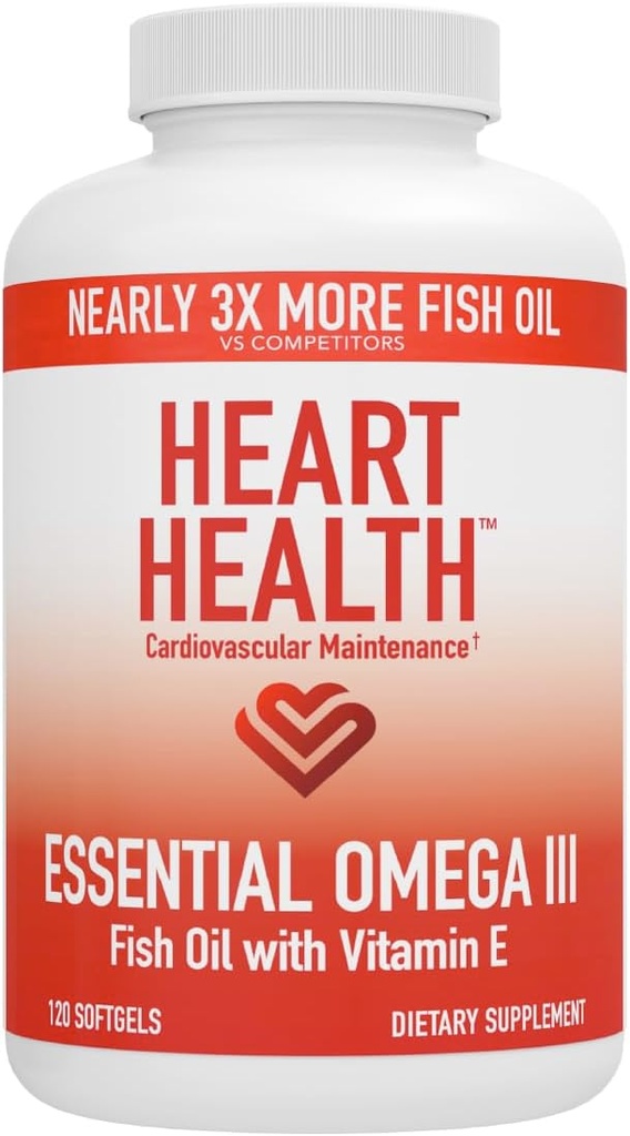 Heart Health Essential Omega 3 Fish Oil med E-vitamin - High Potency Omega 3 Fish Oil Supplement med EPA & DHA - Burpless Softgels fra Sardines & Anchovies - Non- GMO, Gluten Free - 60 Serveringer