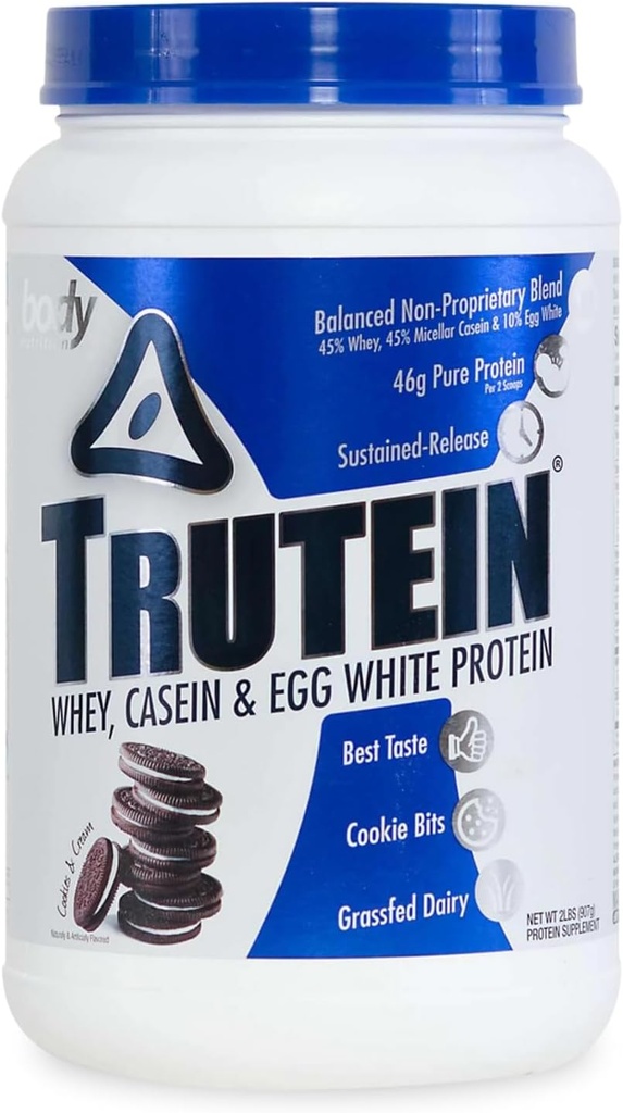 Body Nutrition Trutein High Protein Powder: 45% Whey, 45% Casein, 10% Egg White Protein Shake Mix, Lavt natrium, Lavt Carb Protein Supplement Pulver til mænd og kvinder, Cookies & Cream, 2lb