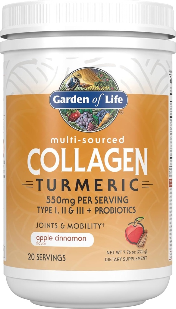 Have af liv Multi- sourced collagen peptider + gurkemeje pulver - Apple Kanel, 20 Servere, for kvinder Mænd Joints Mobilitet, Hydrolyzed Collagen Protein Powder Kosttilskud