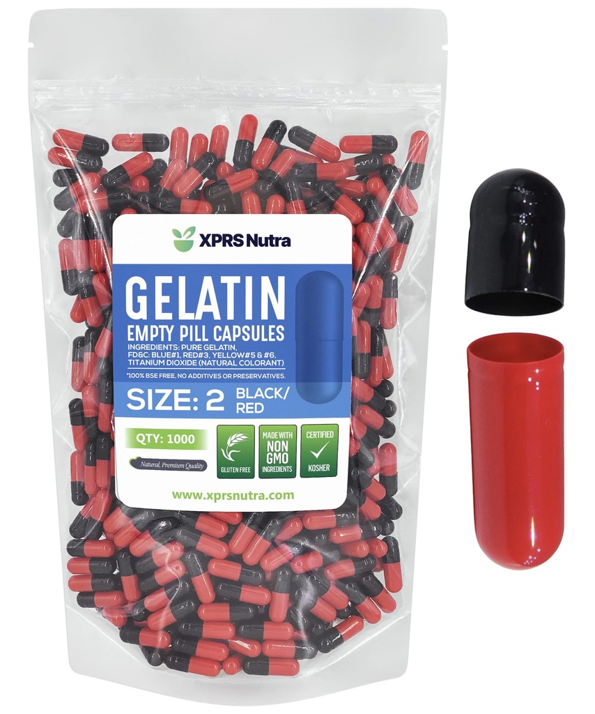 XPRS Nutra Størrelse 2 Tomme kapsler - 1000 Tomme Gelatine kapsler - Piller gør det selv Capsule Filling - Pure Bovin Pill Gel Caps til Do- It- Yourself Kosttilskud (sort / rød)