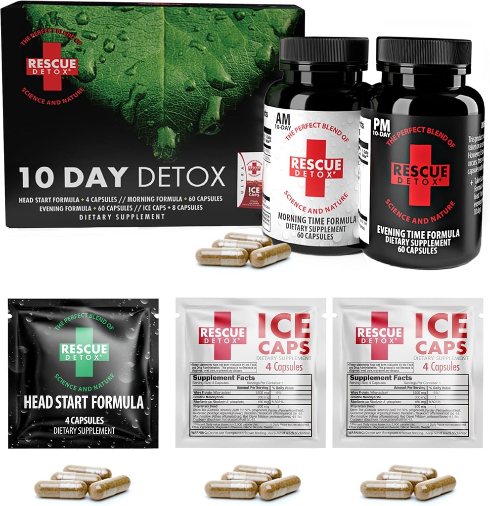 Rescue Detox 10 Dag Permanent Detox Kit - 132ct Kapseler Note 124; Omfattende Fuld Body Cleanse med Bonus Instant ICE Caps