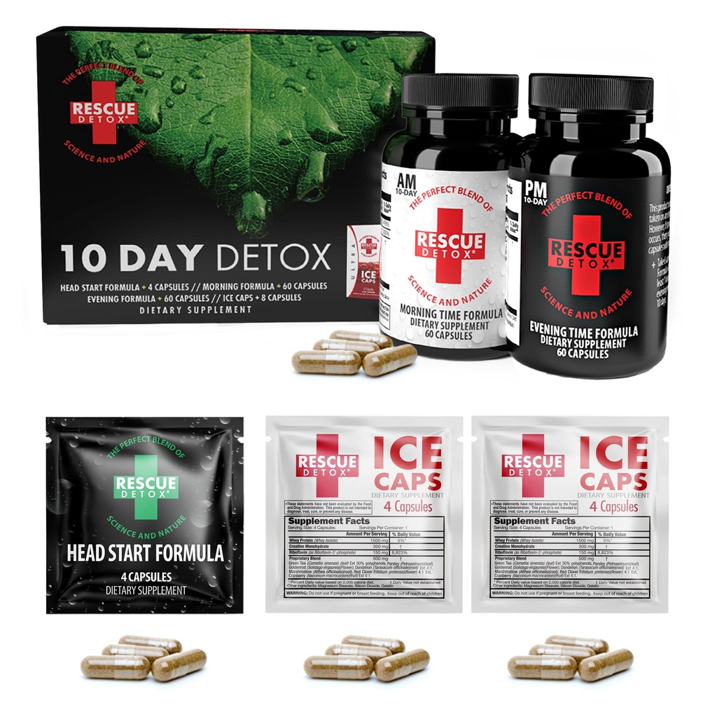 Rescue Detox 10 Dag Permanent Detox Kit - 132ct Kapseler Note 124; Omfattende Fuld Body Cleanse med Bonus Instant ICE Caps