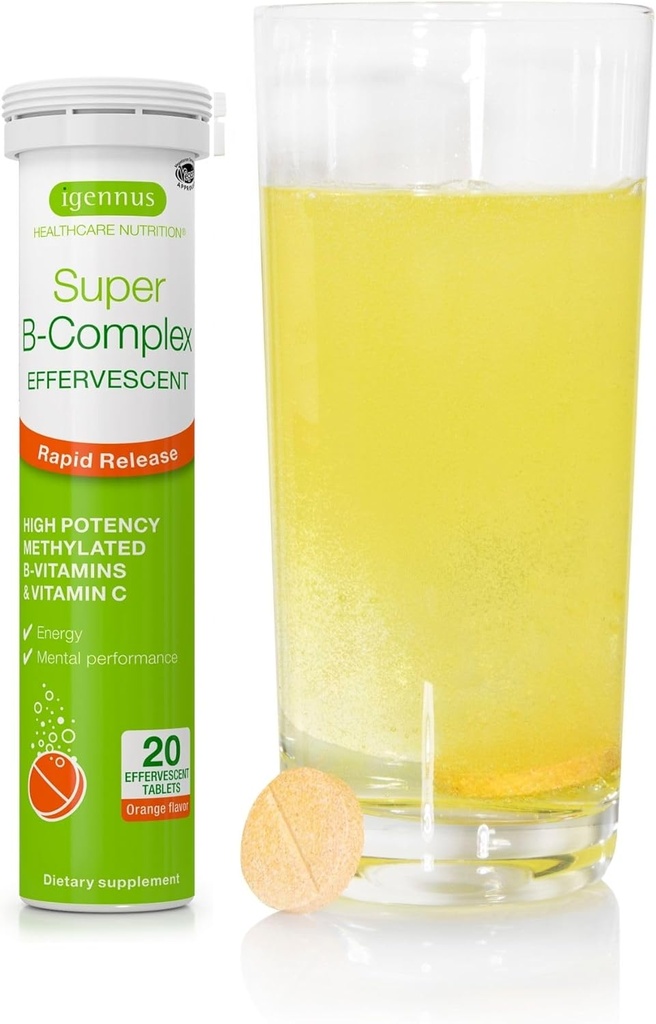 Igennus Super B- Complex Metyleret Væske B- Vitamin Effervescent Supplement, Fast Action Energy Drikke, Koffein & sukkerfri, Orange Flavor, Vegan, 20 tabletter