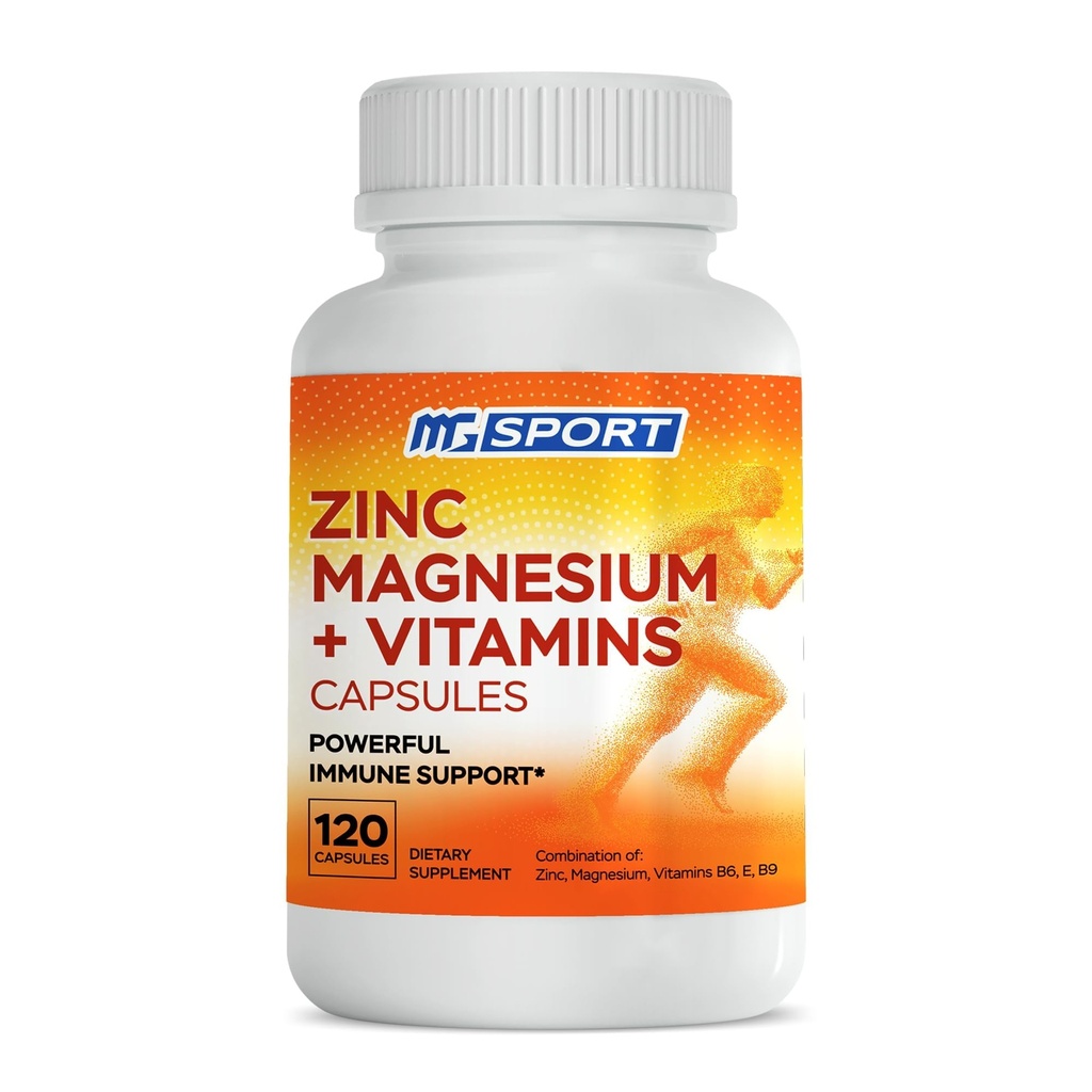 MgSport Magnesium Zink tillæg med vitaminer B6, B9, Høj Absorption Zink Magnesium Kombination til immunforsvar, Muscle Recovery, EZ- MG Easy på Mave, 120 Kapsler