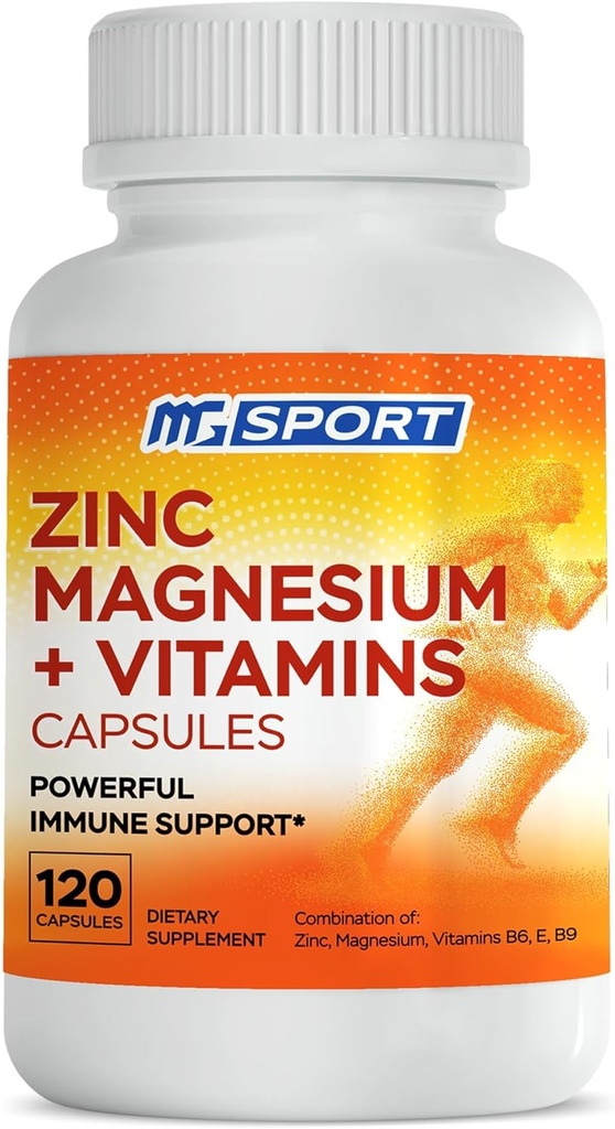 MgSport Magnesium Zink tillæg med vitaminer B6, B9, Høj Absorption Zink Magnesium Kombination til immunforsvar, Muscle Recovery, EZ- MG Easy på Mave, 120 Kapsler