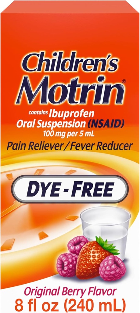 Børn Motrin Oral Suspension 100mg Ibuprofen Medicin, NSAID Fever Reducer & Pain Reliever for mindre Aches & Pains På grund af kold & Flu, Dye Free, Alkohol- Free, Berry Flavored, 8 fl. oz
