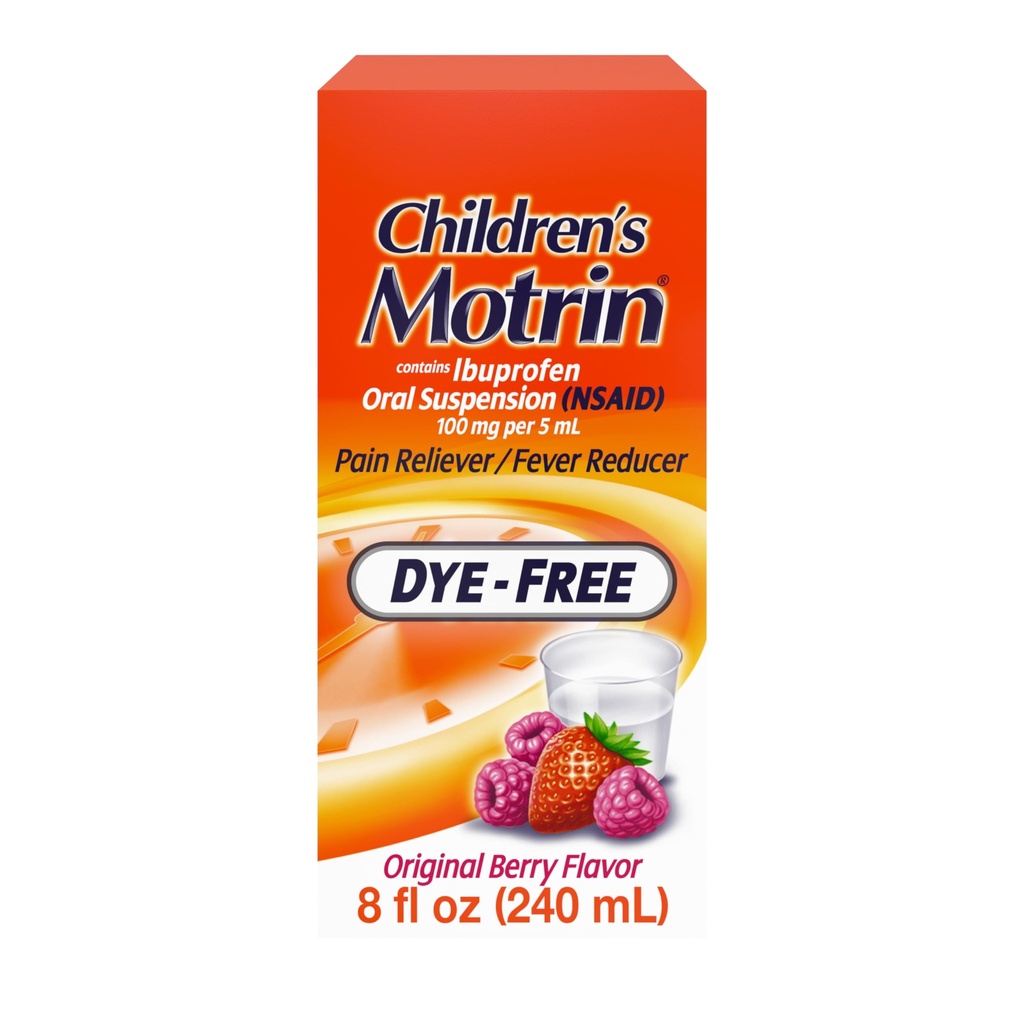 Børn Motrin Oral Suspension 100mg Ibuprofen Medicin, NSAID Fever Reducer & Pain Reliever for mindre Aches & Pains På grund af kold & Flu, Dye Free, Alkohol- Free, Berry Flavored, 8 fl. oz
