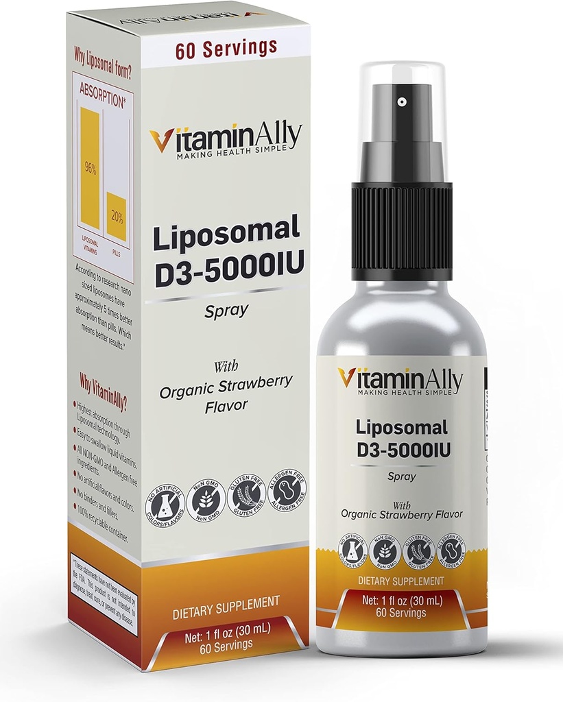 Liposomal Flydende Vitamin D3- 5000IE Sprøjte 124; 2 Måned Tilgang 124; 1 fl oz 124; Non- GMO • 124; Sugar Free • 124; Gluten Free • 124; Rejsevenlig • 124; Understøtter ben sundhed, immunsystem og sund mad