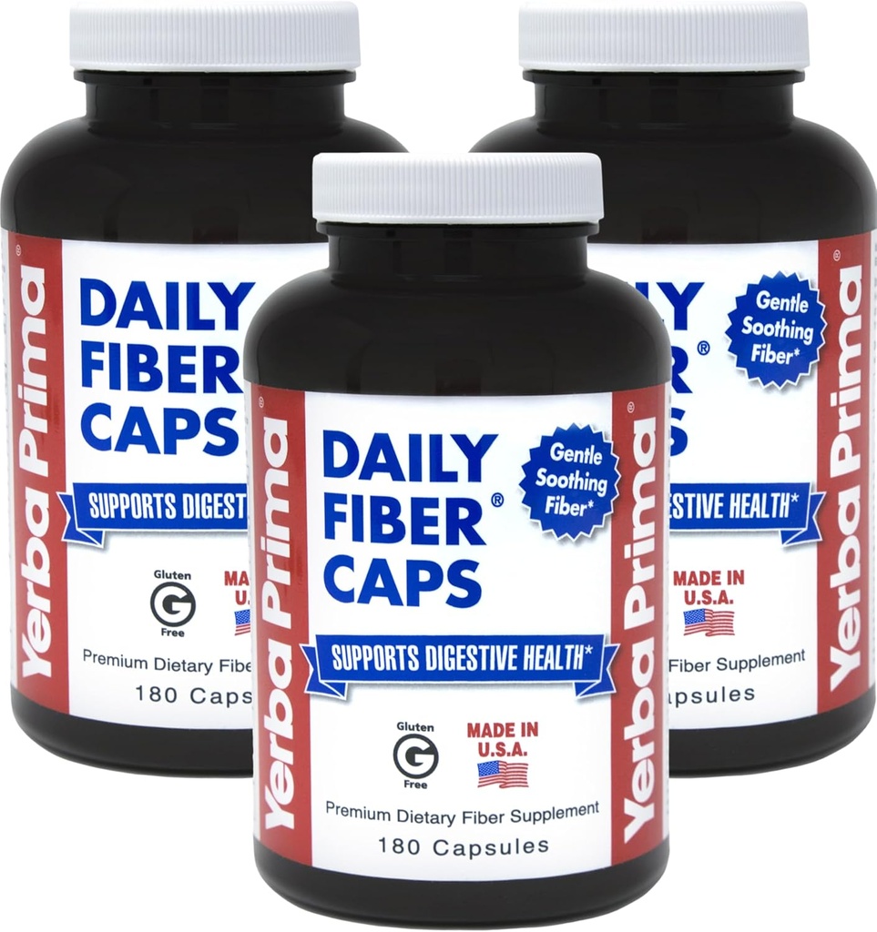 Yerba Prima Daily Fiber Capsules, 180 Caps (Pack of 3) - Opløselige kostfibre supplement - Colon Cleanse - Gut Health - Forstoppelse Relief, Vegan, Non- GMO, Gluten- Free