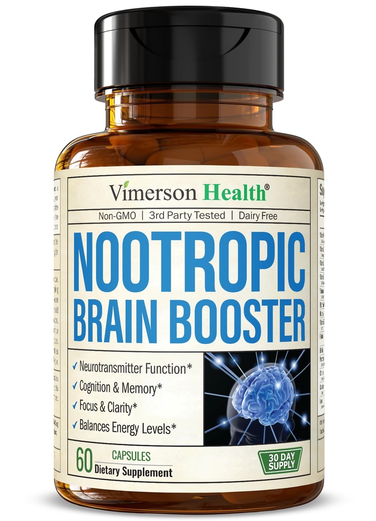 Nootropics Brain Support Supplement - Nootrop Brain Booster for forbedret fokus, koncentration og hukommelse. Brain Nootrop til Brain Health, Mood & Energy Support. Ikke-GMO. Lavet i USA. 60 Kapsler