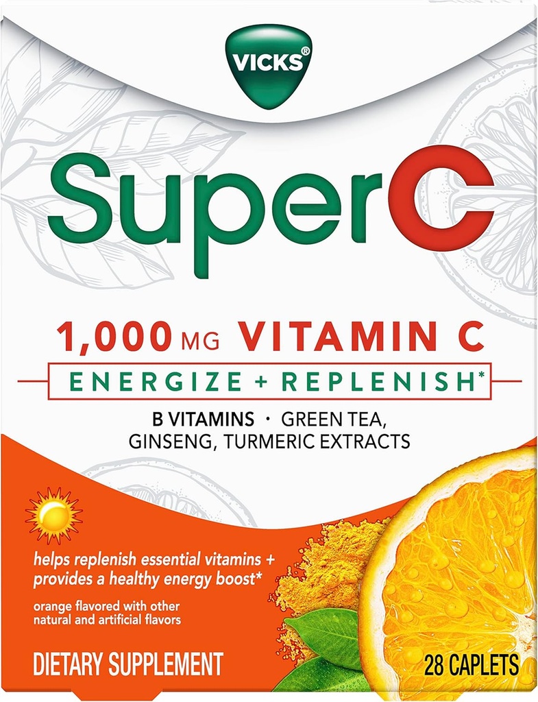 Vikker Super C Energize + Replenish Daytime Kosttilskud med C-vitamin, B-vitaminer, grøn te, Ginseng, og gurkemeje Ekstrakter til at hjælpe genopbygge væsentlige vitaminer *, 28 kapsler