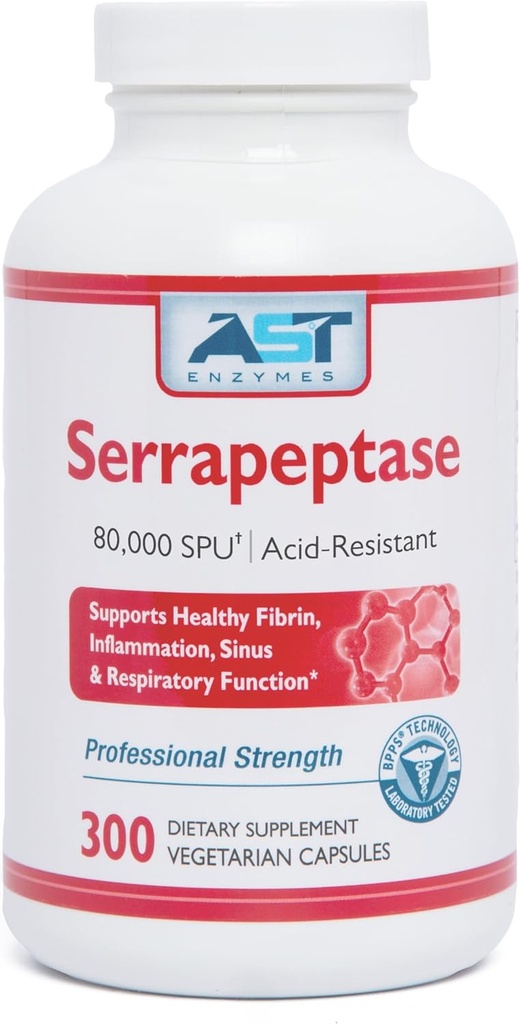 AST Enzymer Serrapeptase 80.000 SPU - 300 Vegetariske kapsler - Premium naturlige systemiske enzymer - Acid- resistent Serrapeptase