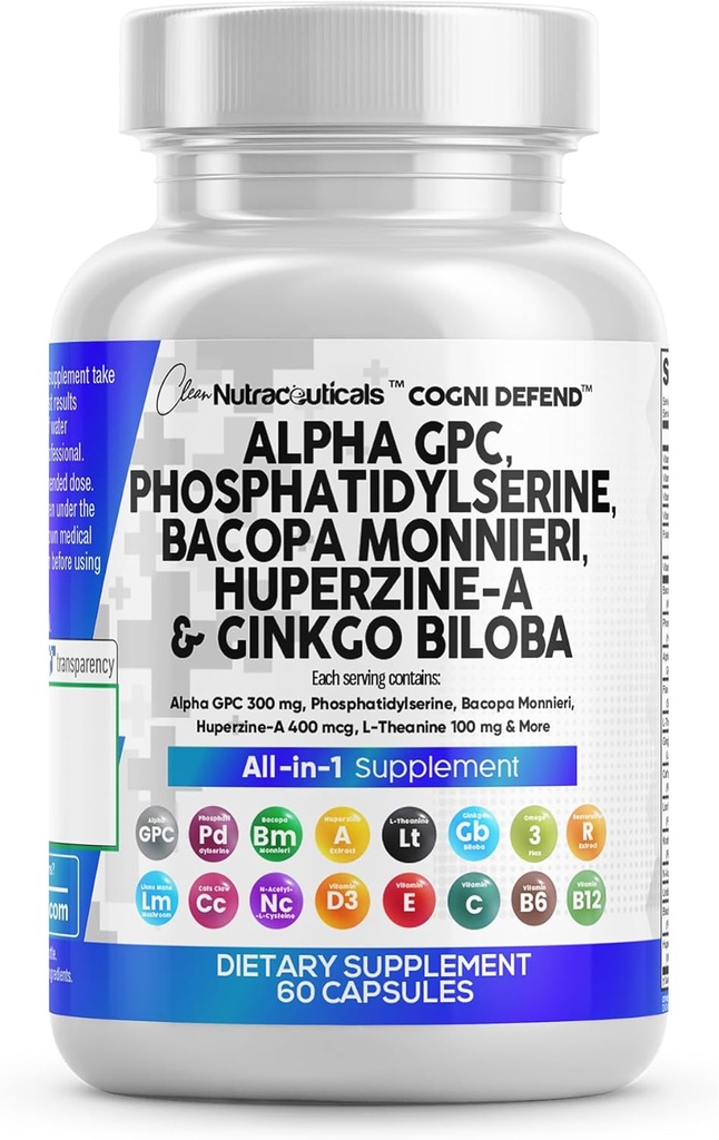 Clean Nutracatic Alpha GPC Cholin Phosphatidylserine Bacopa Monnieri Ginkgo Biloba Huperzine A Supplement med Urdine Lions Mane Cats Claw NAC Vitamin C B D E