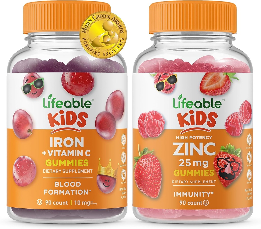 Lifeable Iron & Vitamin C Kids + Zink 25mg Kids, Gummies Bundle - Great Tasting, Vitamin Supplement, Gluten Free, GMO Free, Chewable Gummy