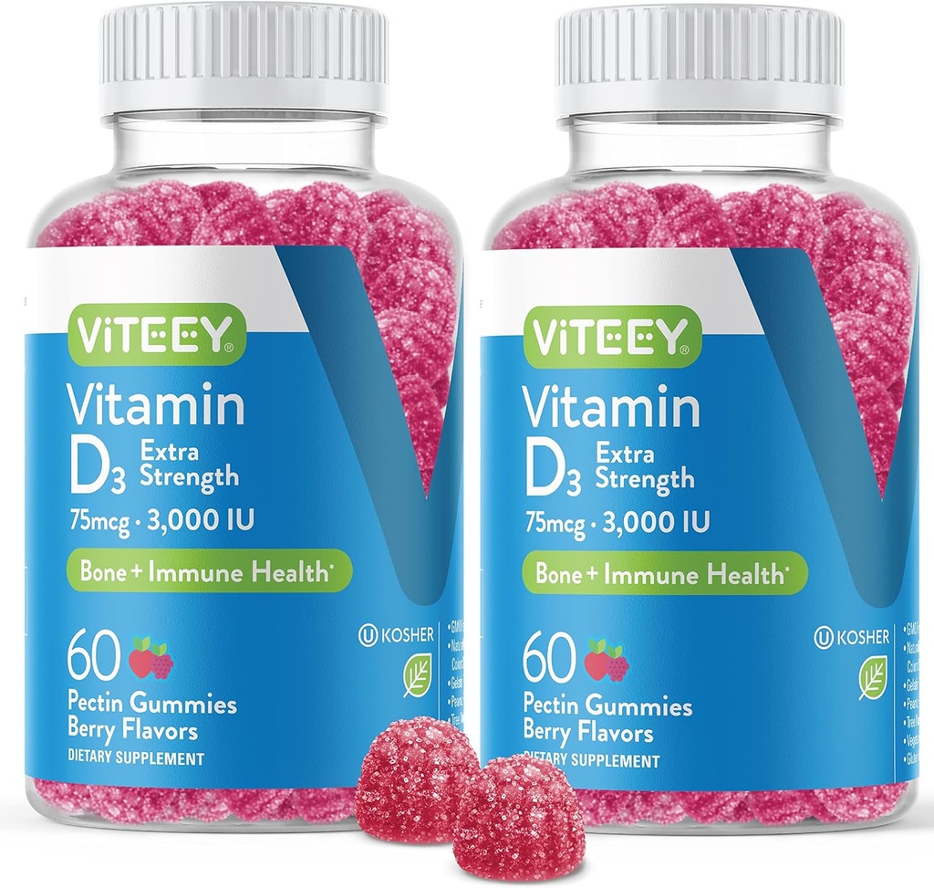 Vitamin D3 Gummier for voksne & Teens - 3.000 IE, 75mcg, Ekstra Styrke - Joint & Muscle Health, Immunboost - Chewable D Gummies - Vegetar, Gelatine Free - Tasty Berry Flavored Gummy