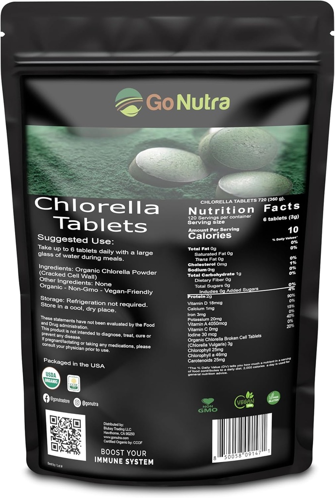 Organic Chlorella Tablets Broken Cell, 3000mg Per Serving, 1000 Tablets - Superfoods Rich in Minerals, Vitaminer, Chlorophyll, Aminosyrer, Fedtsyrer, Fiber & Proteiner, Non- GMO & Vegan Friendly