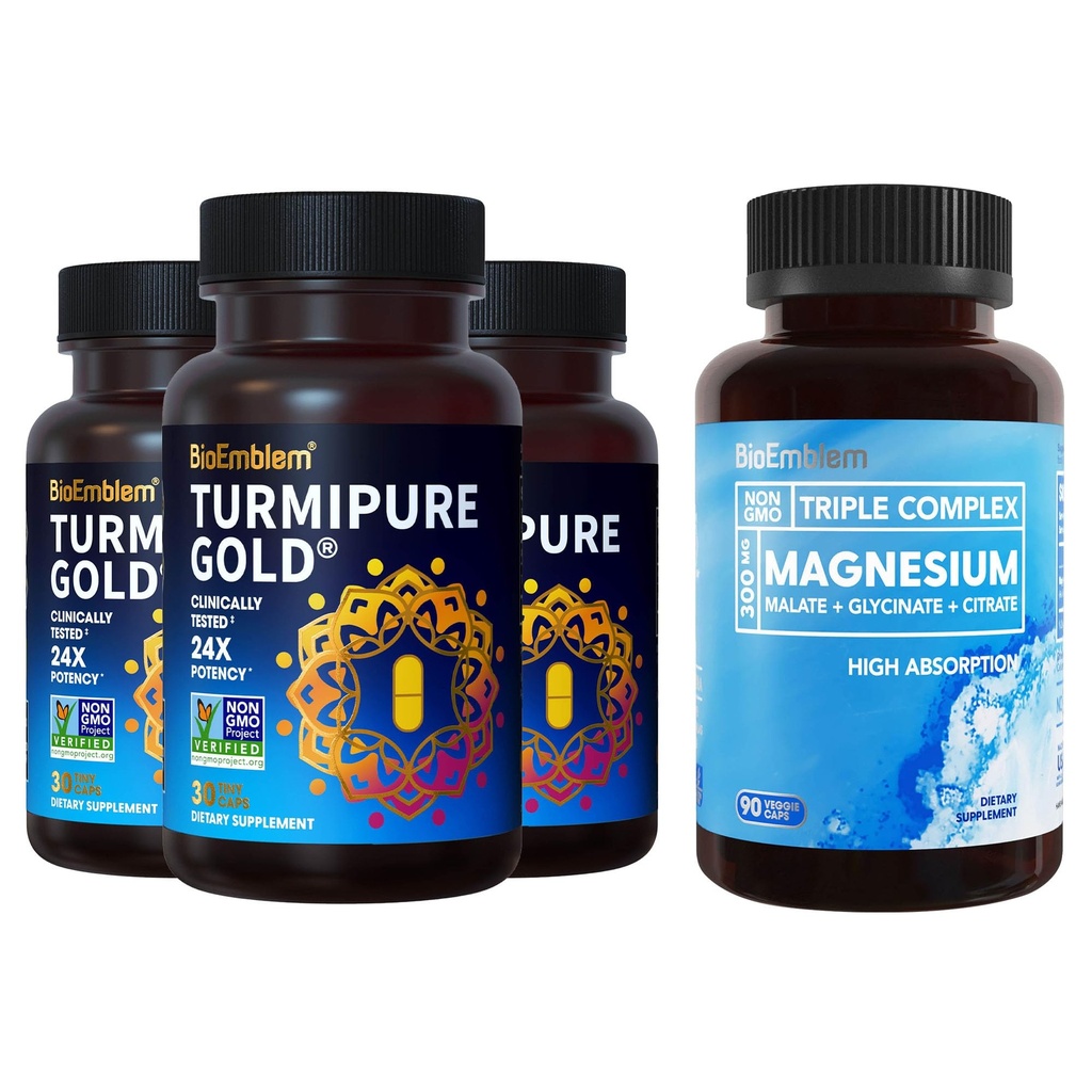 Bioemblem Triple Magnesium Complex og Bioemblem Gurkemeje med klinisk undersøgt TurmiPure - fælles støtte, sund inflammation Gurkemeje Kosttilskud